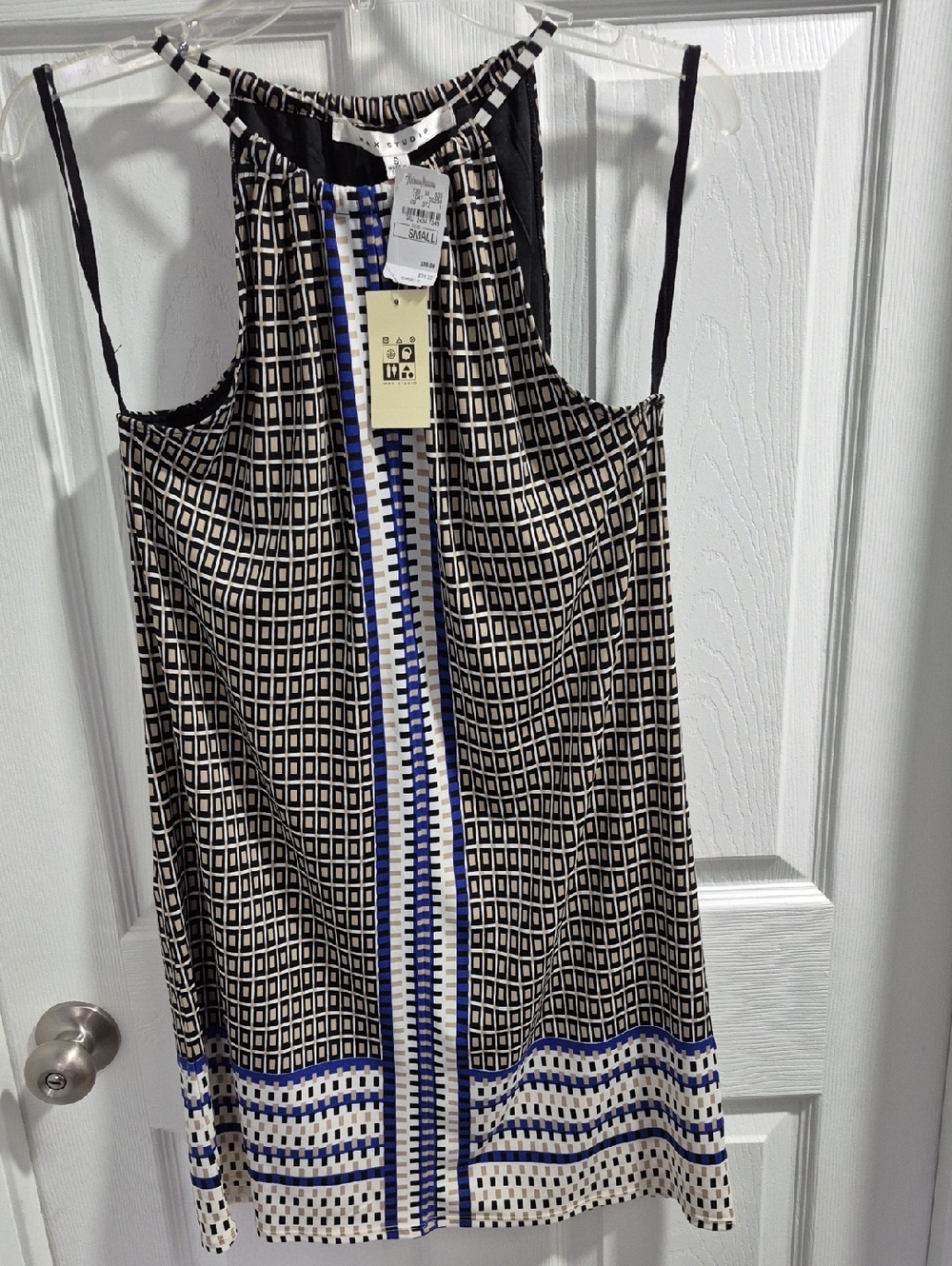 Max Studio Black & White Geometric Sun Dress with Blue Trim